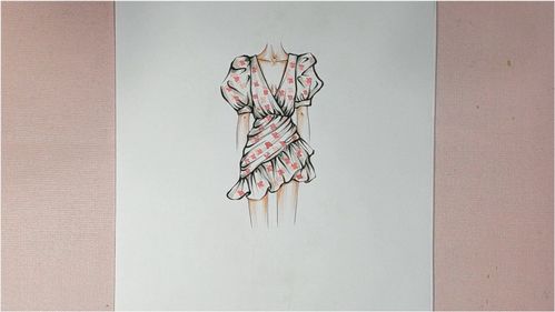 服装设计手绘学习 粉色碎花连衣裙款式图设计